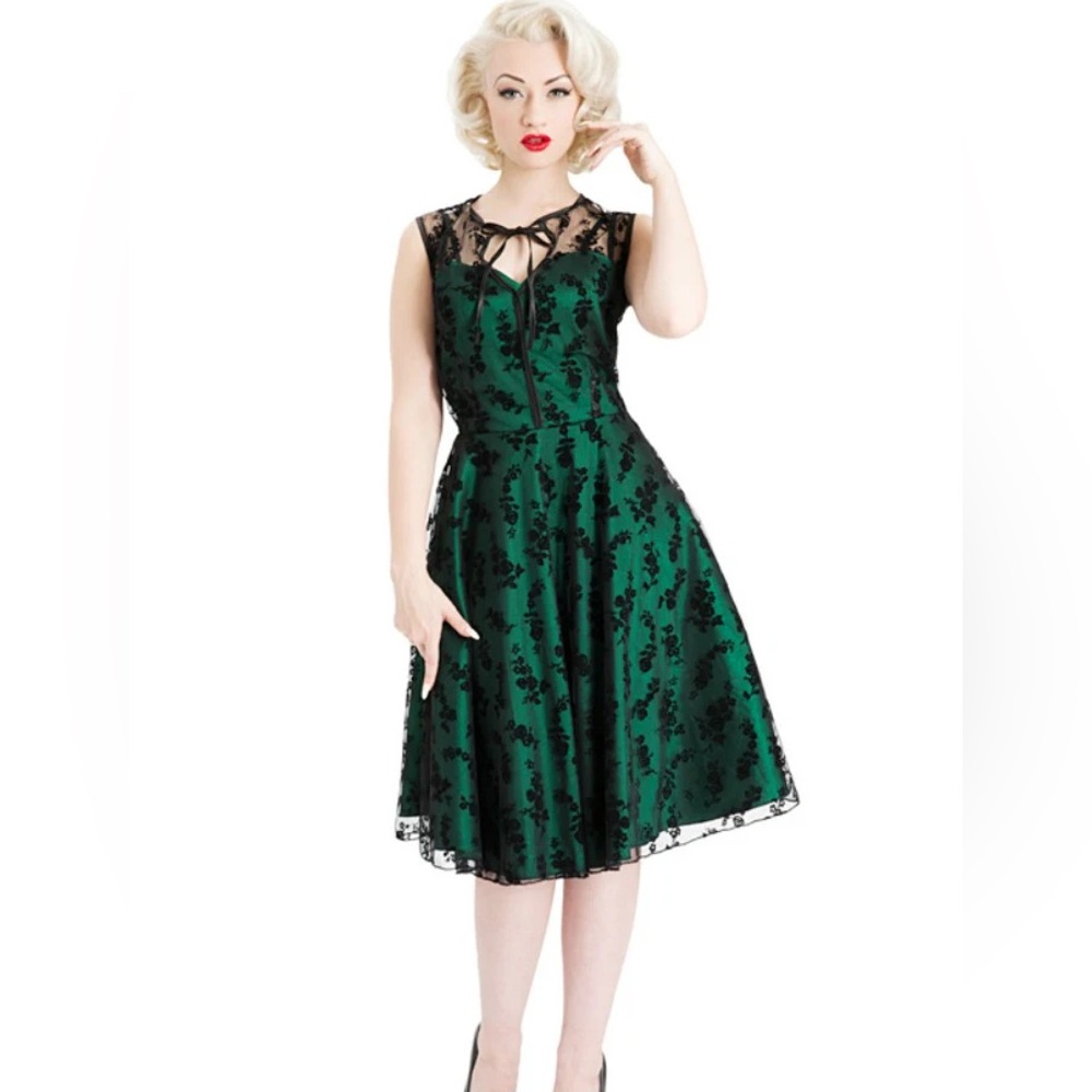 VOODOO VIXEN Penny Green Retro Taffeta & Lace Overlay Vintage Flared Dress EUC